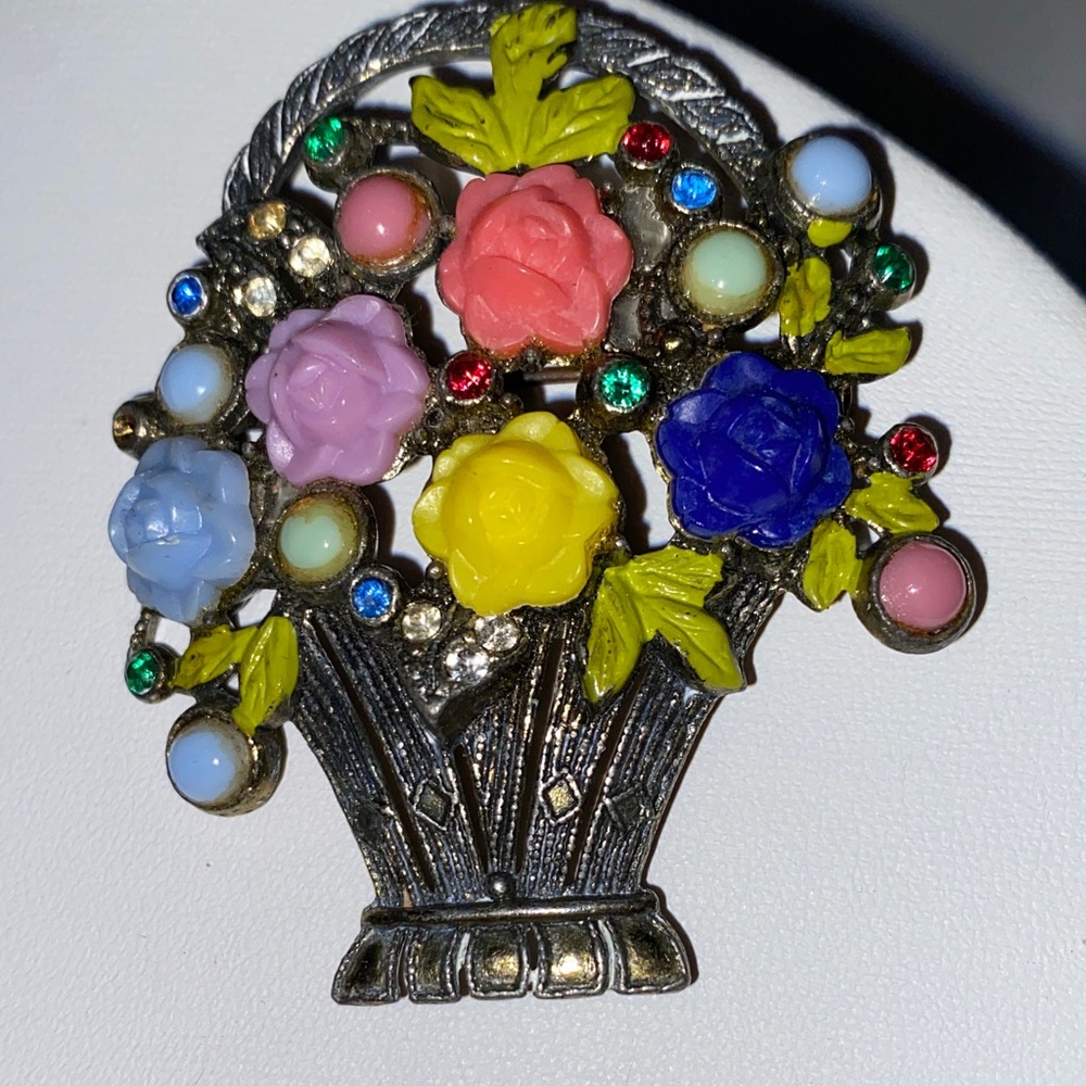 Antique Celluloid Rhinestone Floral Flower Basket Estate Brooch Pin